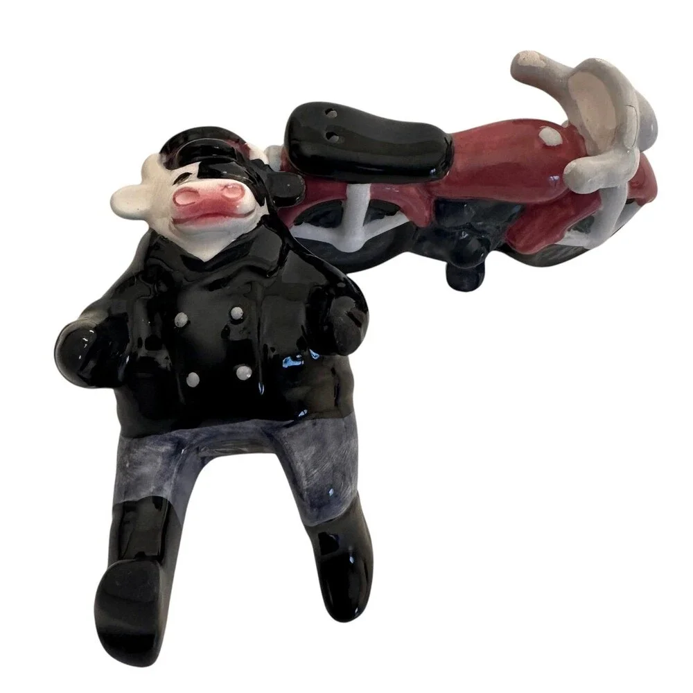 Vintage Cow Black Jacket Motorcycle Biker Salt & Pepper Shakers Stamped Clay Art